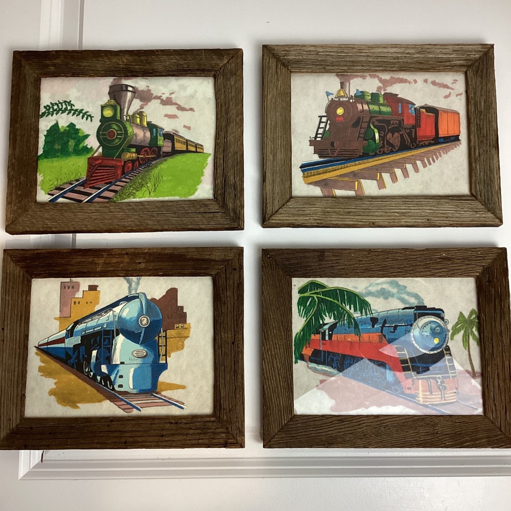 Vintage Train Locomotive watercolor Art 4 pc Barn Wood Rustic Steam Engine Decor